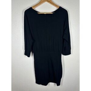 Express Dress Womens S Black Banded Waist Keyhole Back Mini 3/4 Sleeve‎ Solid